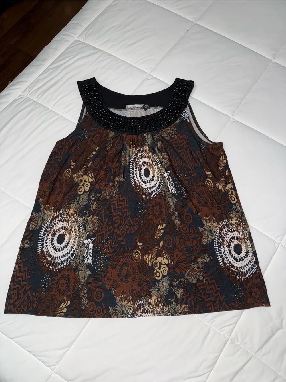 Beaded Neckline Sleeveless Printed Tank Top - Black & Brown